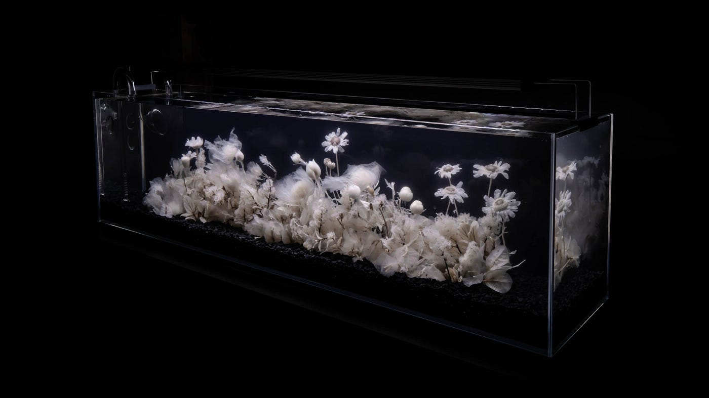 A large, rectangular aquarium tank seems suspended in darkness. It sits atop a black pedestal, which is invisible in the photo, against a black wall. In the tank, flowers and plants drained of all color, with some nearly translucent, are immersed in clear liquid and anchored by black gravel.