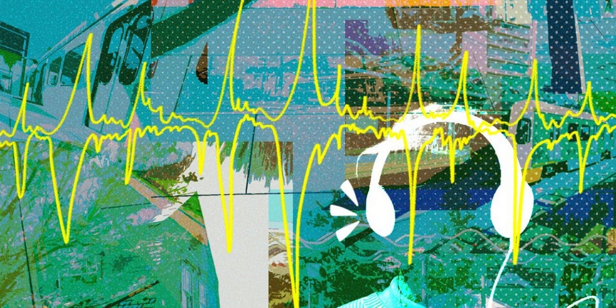A collaged image of mostly blues and greens fills the screen. Other visual moments overlap: the neon yellow peaks-and-valleys outline of audio waves, white over-the-ear headphones indicating the silhouette of a person, the shading of a subway car, and the fringe of tree canopies.